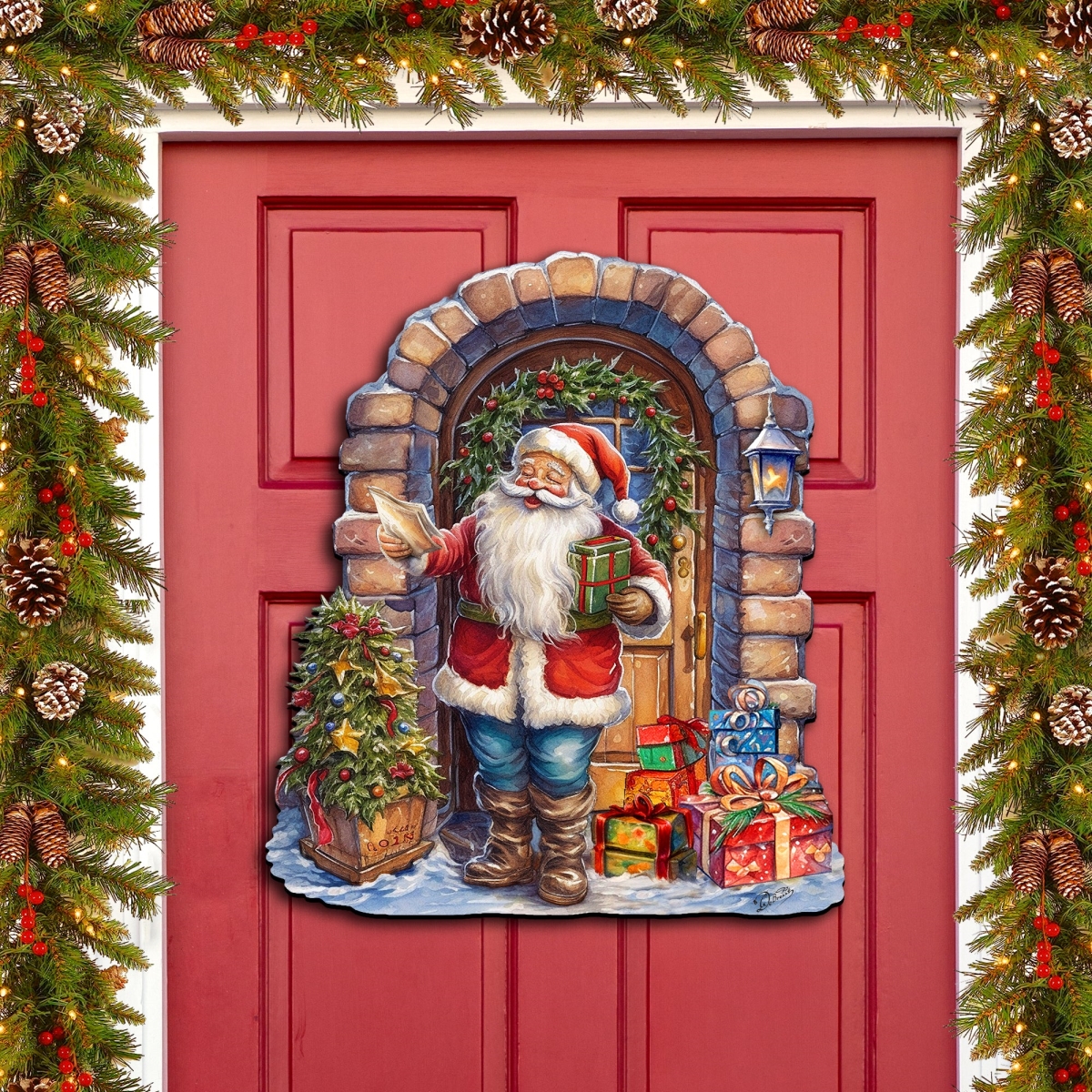 Designocracy 8611045H 24 x 18 in. Santas Surprise Visit Holiday Christmas Santa Snowman Door Decor