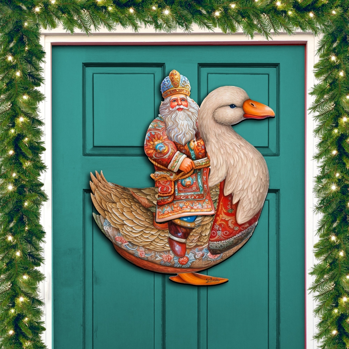 Designocracy 8611063H 24 x 18 in. Charming Santa Riding Goose Holiday Christmas Santa Snowman Door Decor