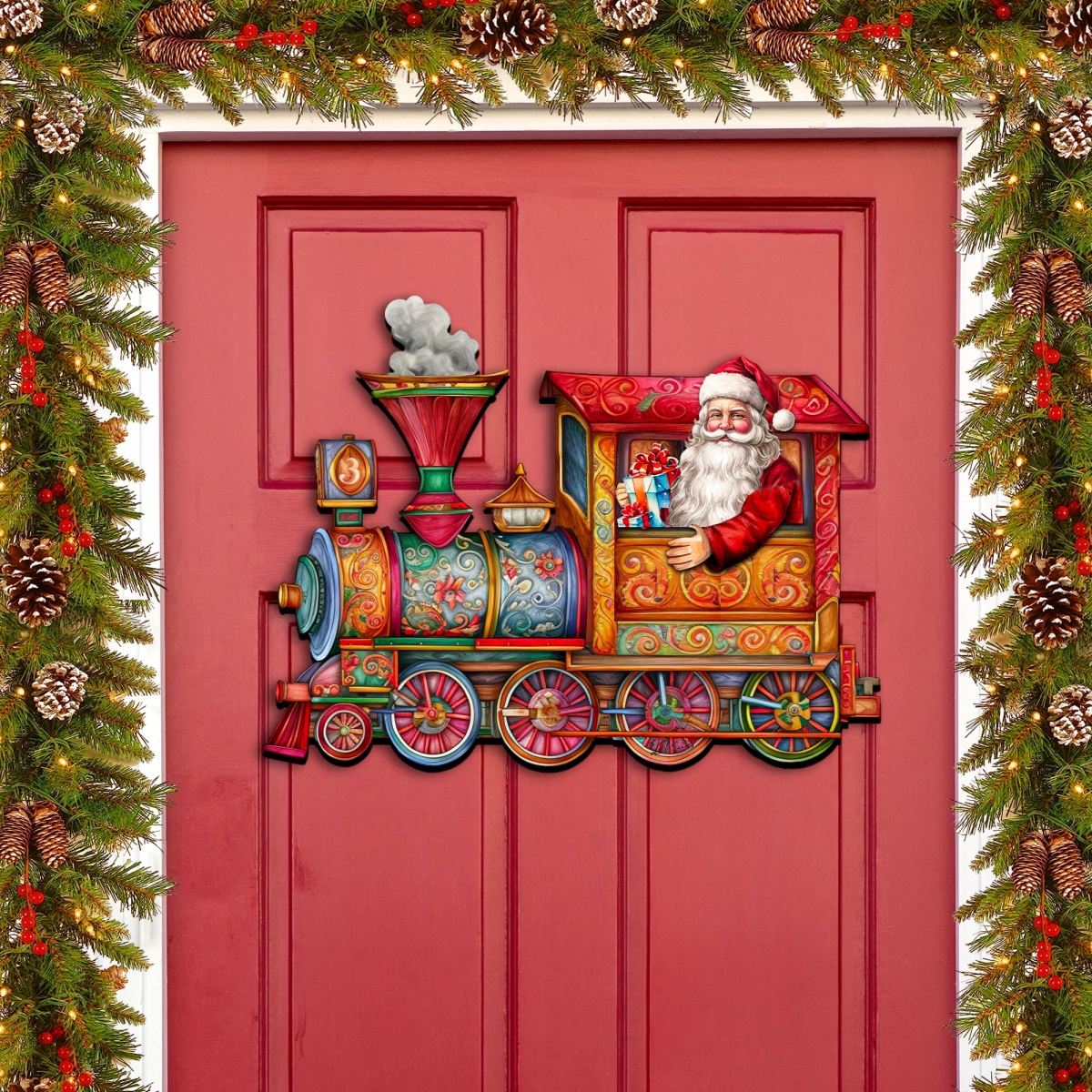 Designocracy 8611090H 24 x 18 in. Santas Train Holiday Christmas Santa Snowman Door Decor