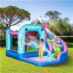 212 Main 342-041V80 Outsunny 5-in-1 Inflatable Water Slide & Narwhal Theme Bounce House with Climbing Wall