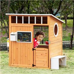 212 Main 345-022 48 x 42.5 x 53 in. Outsunny Wooden Playhouse for Kids Outdoor with Working Door&#44; Yellow