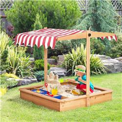 212 Main 343-053 Outsunny Kids Wooden Sandbox with Adjustable Canopy Seats & Plastic Basins for Backyard