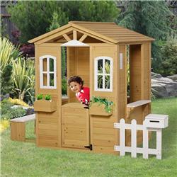 212 Main 345-020 82.75 x 42.25 x 55 in. Outsunny Outdoor Playhouse with Fence & Serving Station&#44; Natural & White