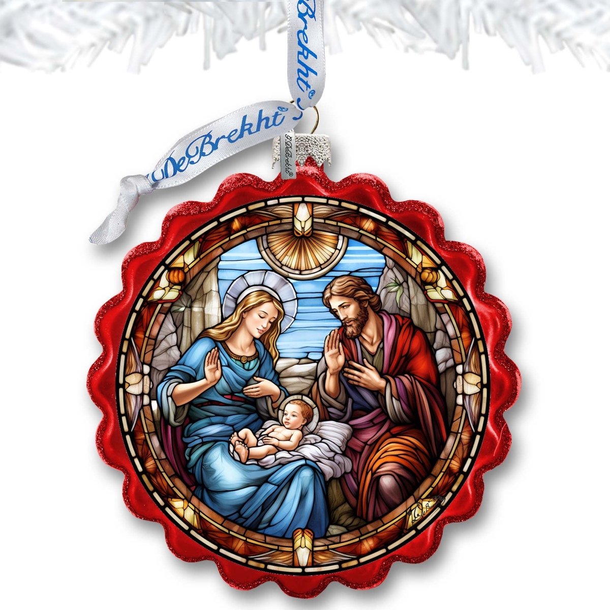 Designocracy 759-056 4 x 3 in. Sacred Beauty Classic Holy Family Nativity Wreath Glass Ornament Nativity Holiday Decor