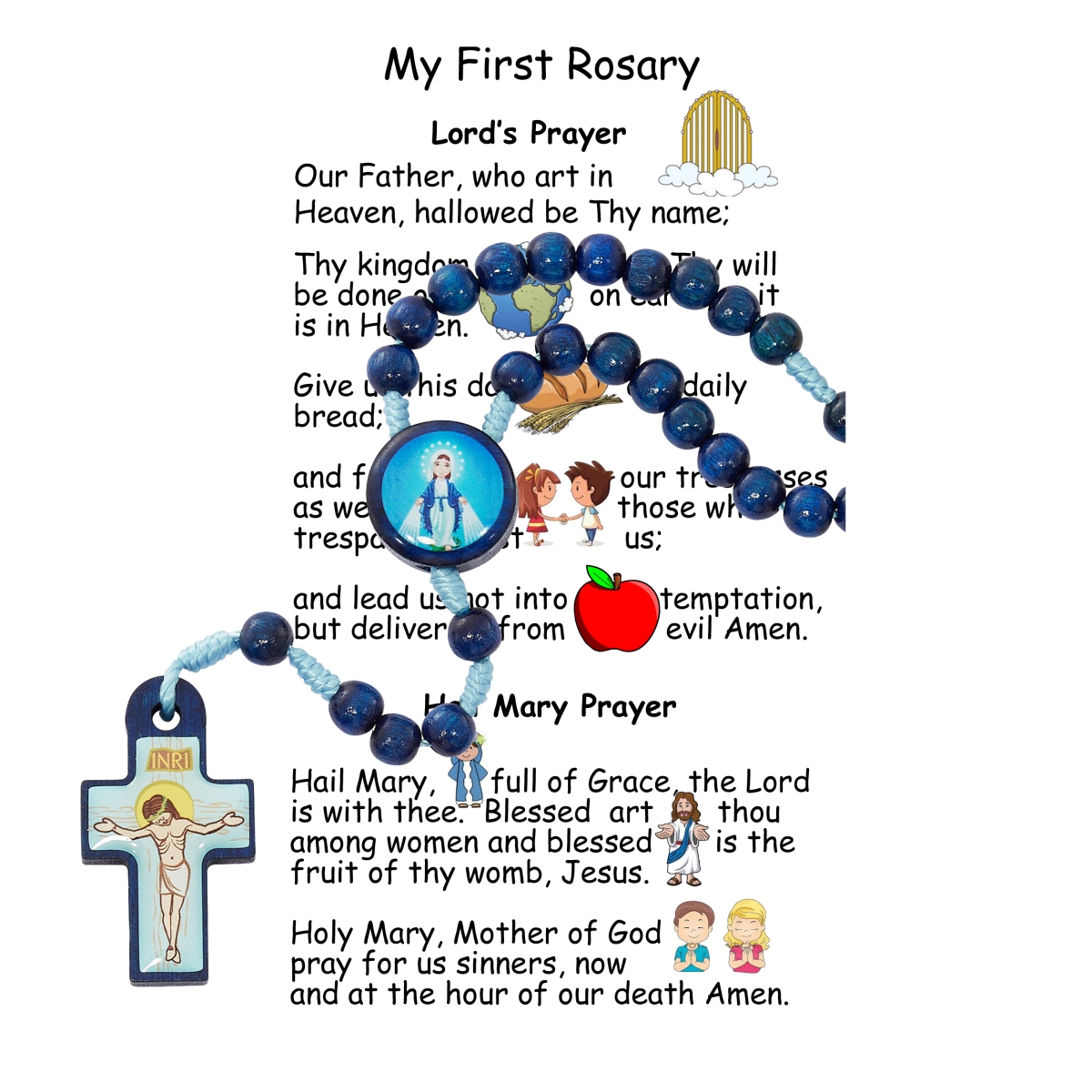 McVan P588RC 10 in. Blue Wood Kiddee Miraculous Rosary On First Rosary Card