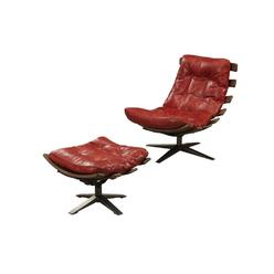Homeroots Living Room 27" Red And Brown Top Grain Leather Tufted Swivel Lounge Chair With Ottoman