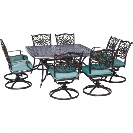 Hanover TRAD9PCSWSQ8-BLU Traditions 9 Piece Dining Set - 60 in. Cast Table&#44; 6 Dining Chairs&#44; 2 Swivel Churse & Blue Cushion