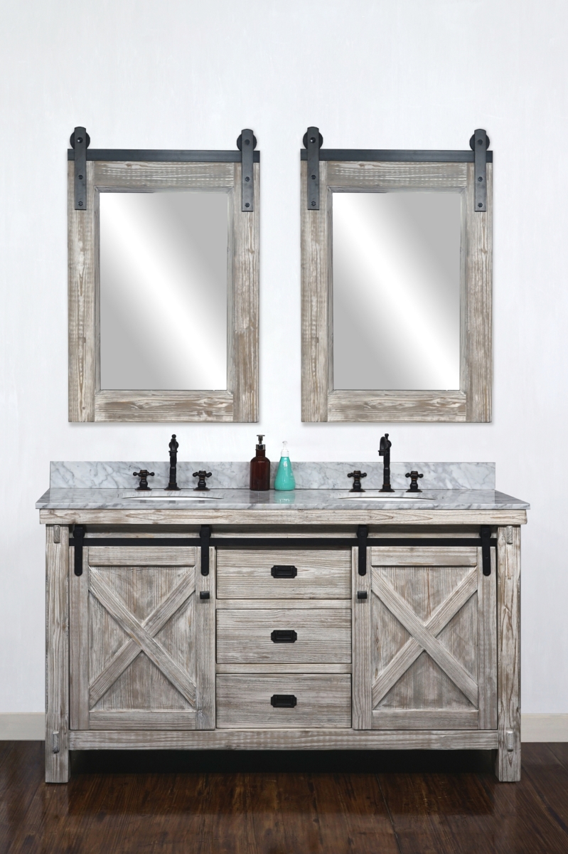 InFurniture WK8560-W-CW TOP 60 in. Rustic Solid Fir Barn Door Style Double Sinks Vanity in White Wash with Carrara White Marble Top - No Fau