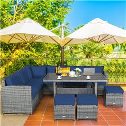 Total Tactic HW71503NYPlus Patio Rattan Dining Furniture Sectional Sofa Set with Wicker Ottoman&#44; Navy - 7 Piece