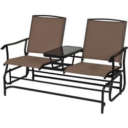 Total Tactic OP70357CF 2-Person Double Rocking Loveseat Sofs with Mesh Fabric & Center Tempered Glass Table&#44; Brown