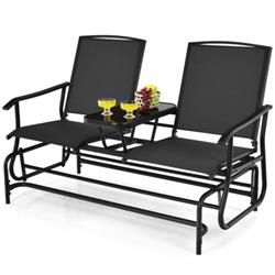 Total Tactic OP70357DK 2-Person Double Rocking Loveseat Sofs with Mesh Fabric & Center Tempered Glass Table&#44; Black