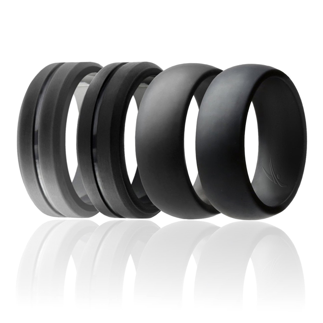 ROQ I0108847 4 x 7 mm Silicone Wedding Engraved Middle Line & Dome Style Ring Set for Men&#44; 2 Black & 2 Grey