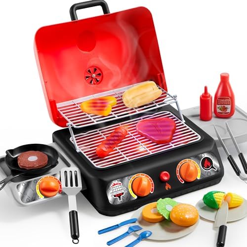 BrainBoosters 2-Layer BBQ Grill Playset with Pretend Smoke&#44; Light&#44; Sound & Color-Changing Food&#44; Kitchen Toy Set & Pretend BBQ Gril