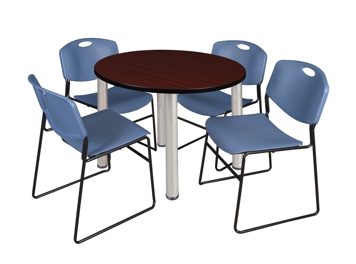 GSI Homestyles 36 in. Kee Round Breakroom Table & 4 Zeng Stack Chairs&#44; Mahogany&#44; Chrome & Blue