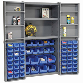 Cromo Bin Cabinet Deep Door with 68 Blue Bins - Shelves - 16 gauge Assembled Cabinet - Gray
