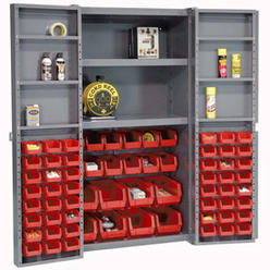 Cromo 38 x 24 x 72 in. Deep Door Bin Cabinet with 68 Red Bins & Shelves Unassembled - Gray - 16 gal