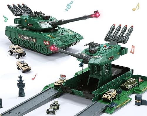 BrainBoosters Stone 2-in-1 Army Tank Toys & Military Vehicles Playset with Rotating Turret&#44; Catapult Track&#44; Realistic Sound & Light fo