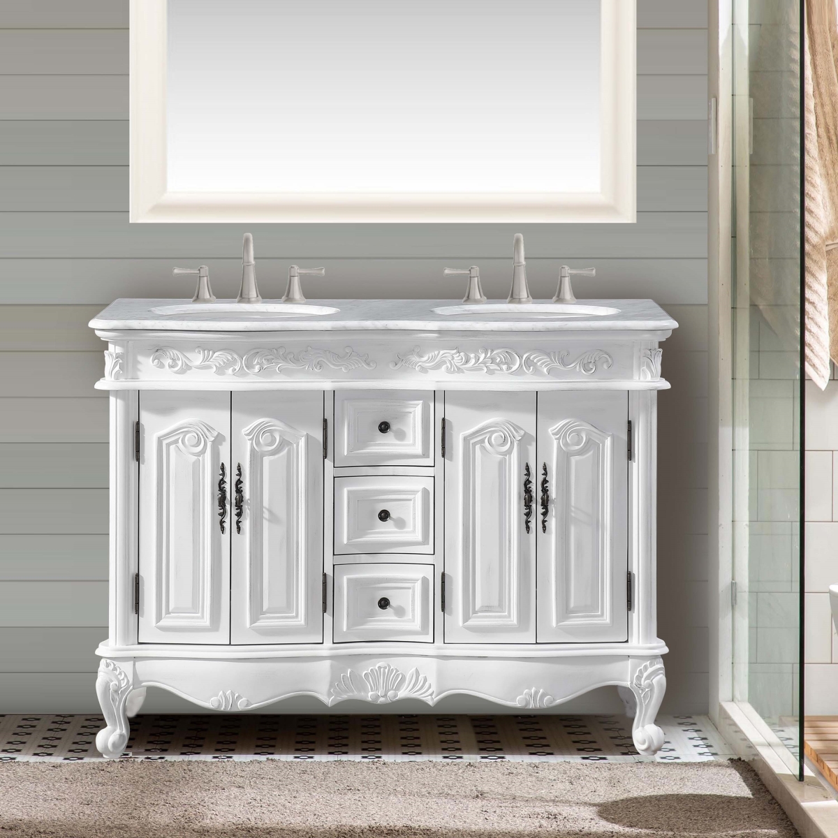 Back2Basics 48 in. Carrara White Marble Top Double Sink Bathroom Vanity