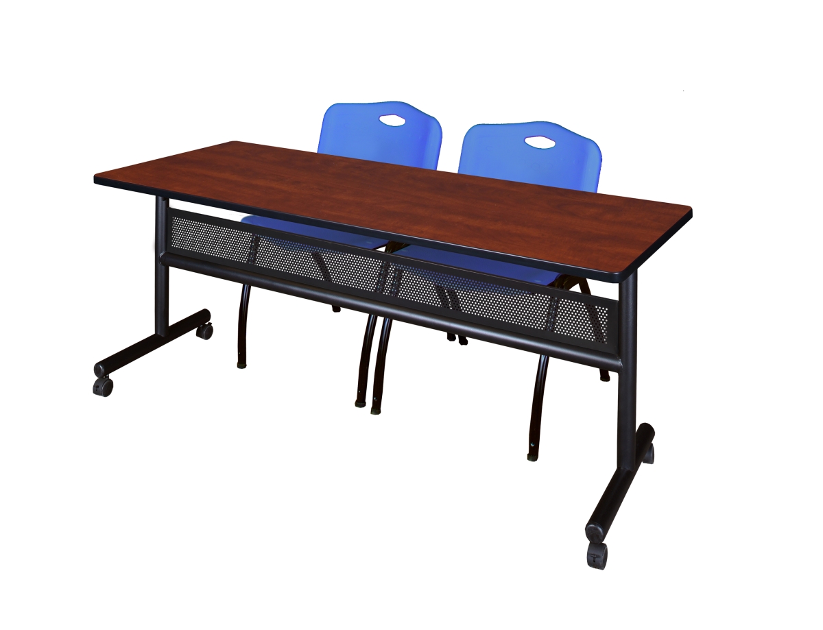 GSI Homestyles 72 x 24 in. Flip Top Mobile Training Table with Modesty Panel&#44; Cherry & 2 in. M Stack Chairs - Blue