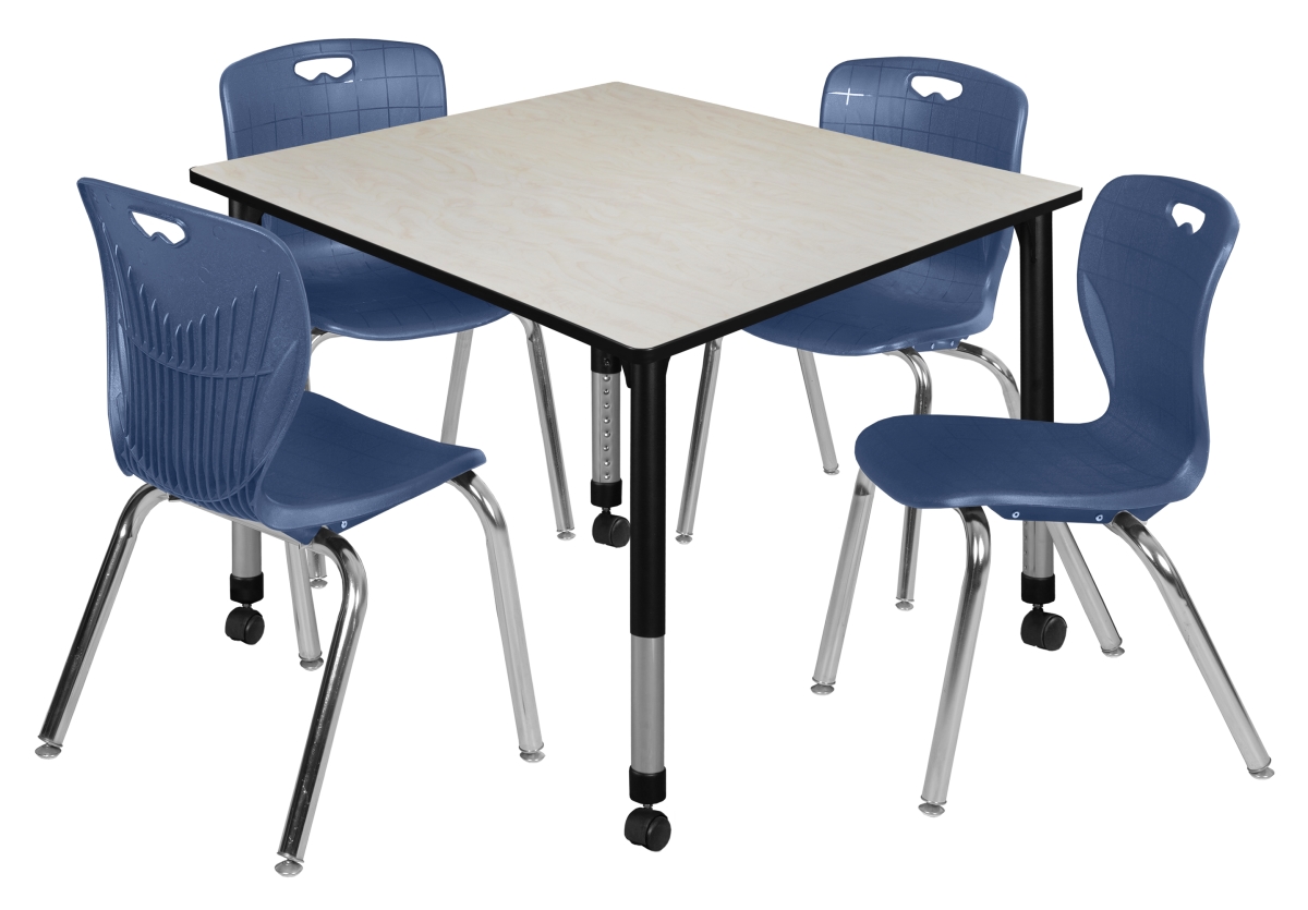 GSI Homestyles 48 in. Kee Square Height Adjustable Mobile Classroom Table&#44; Maple & 4 Andy 18 in. Stack Chairs - Navy Blue