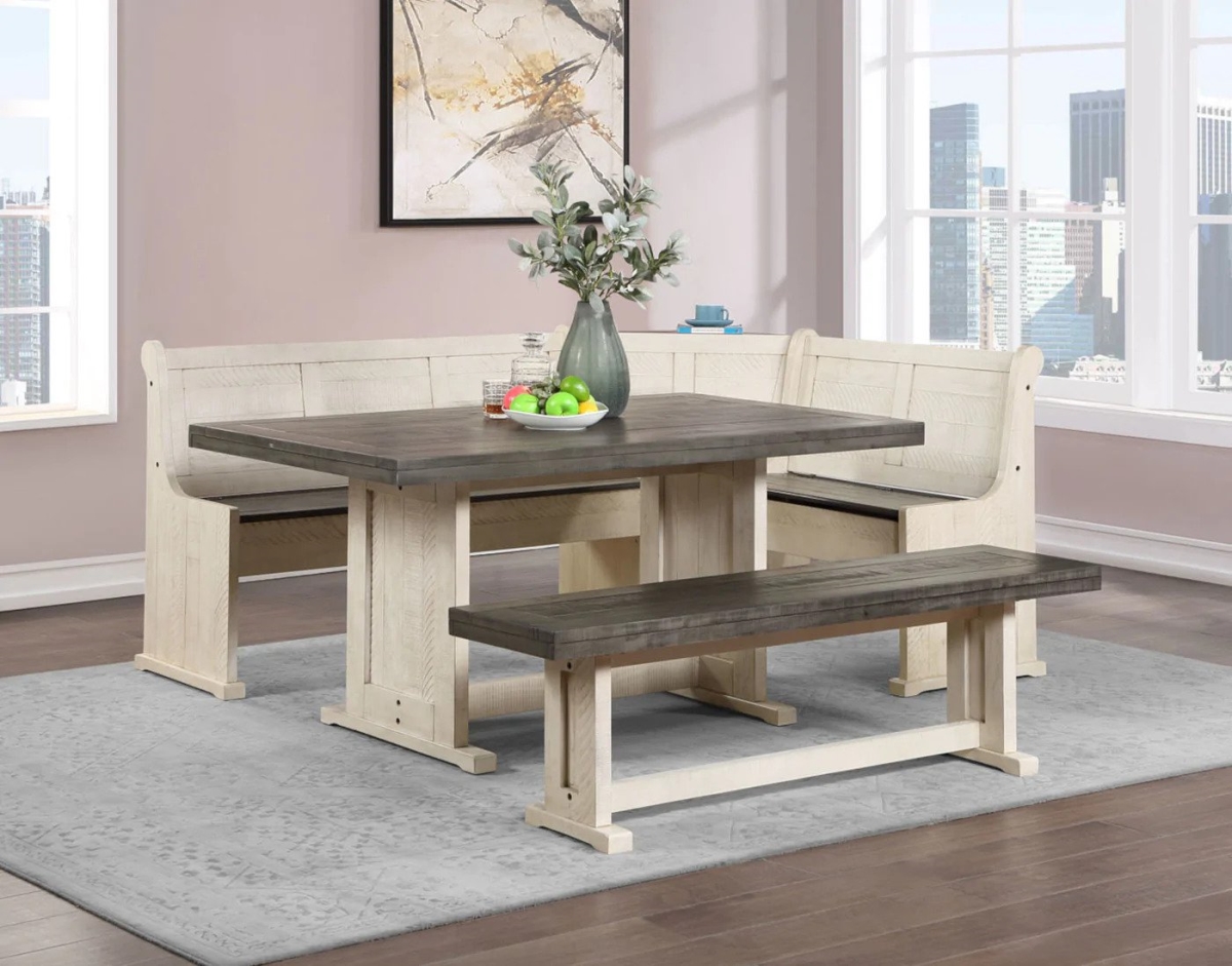 Fine-line Sunny Dining Nook Table Set with Kitchen Corner Storage Bench Seating&#44; Distressed Antique White & Grey Wood