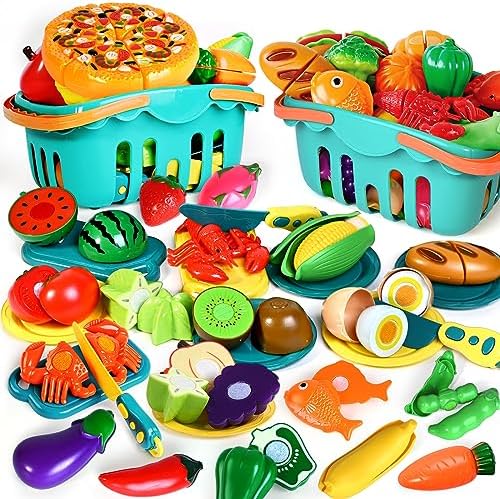 BrainBoosters Play Food Set with Kitchen&#44; Pretend Food Toy&#44; Toddlers Age 1-3 Plastics Cutting Fake Food 2 Baskets & Birthday Gifts for