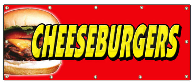 Amistad 36 x 96 in. Cheeseburgers Banner Sign - Hamburger Burger Cheese Char Broiled