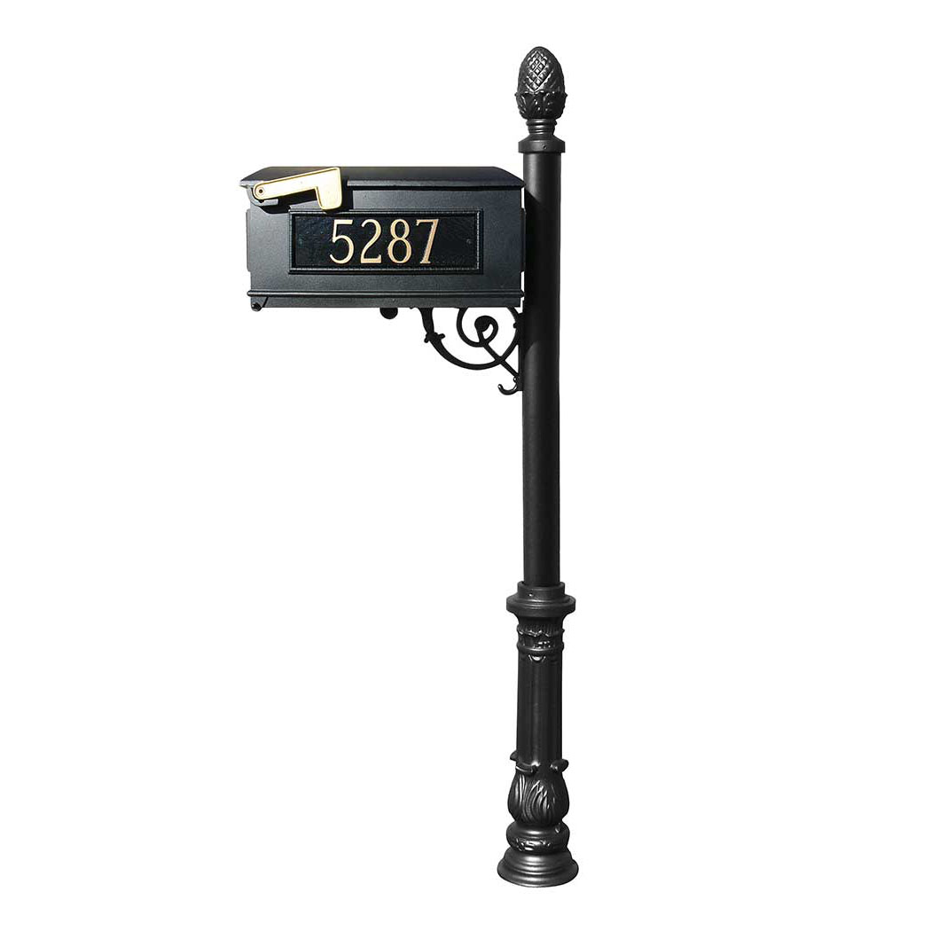Lewiston LMC-703-BL Mailbox Post System with Ornate Base & Pineapple Finial & 3 Cast Plates&#44; Black