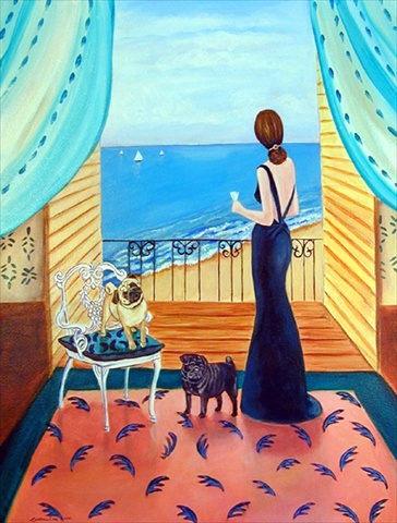 PatioPlus Lady with her Pug Canvas Flag - House Size- 28 x 40 in.