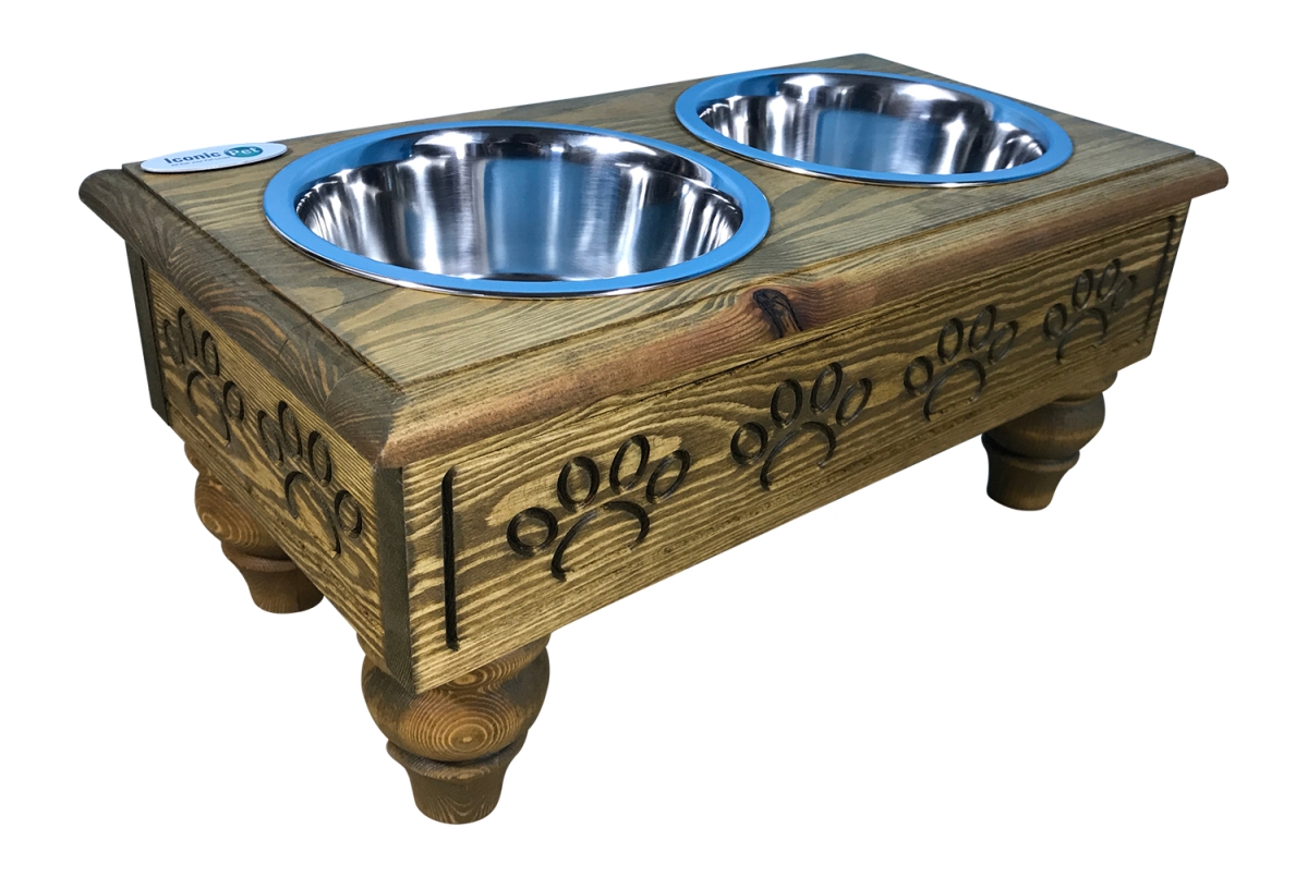 Reincarnation Sassy Paws Raised Wooden Pet Double Diner with Stainless Steel Bowls&#44; Rustic Brown - Large