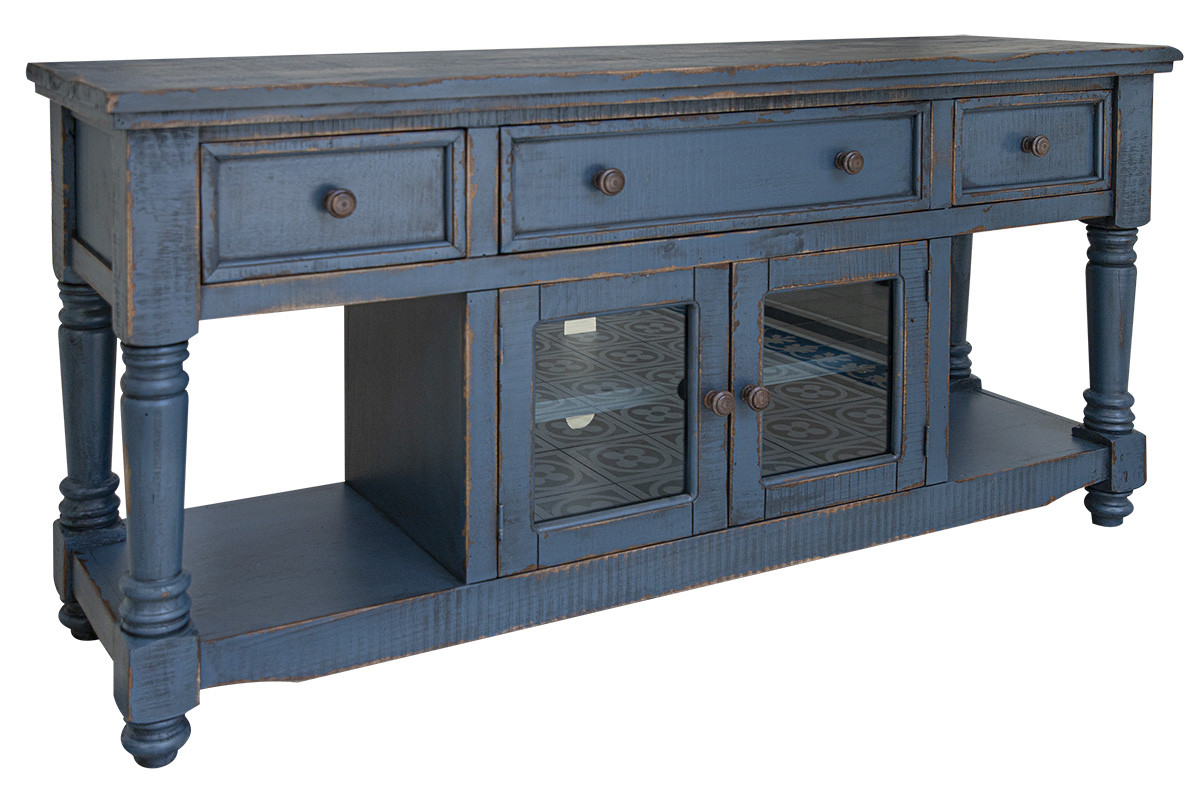Gfancy Fixtures 70 in. Solid Wood Open shelving Distressed TV Stand&#44; Blue