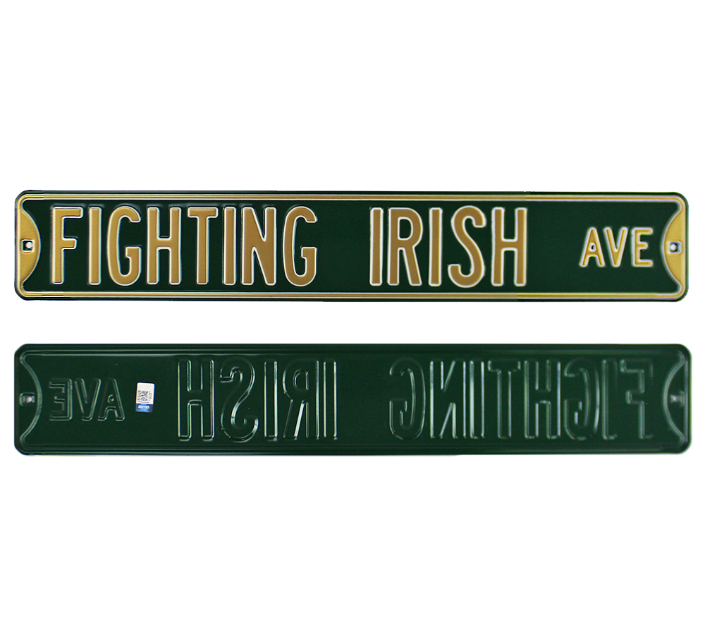 CoolCollectibles 36 x 6 in. Notre Dame Fighting Irish Avenue Officially Licensed Authentic Steel NCAA Street Sign&#44; Green & Gold