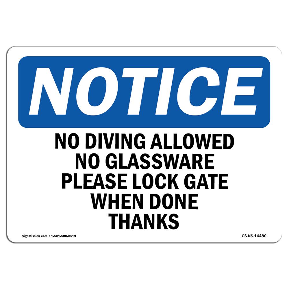 Amistad 12 x 18 in. OSHA Notice Sign - No Diving Allowed No Glassware Please Lock
