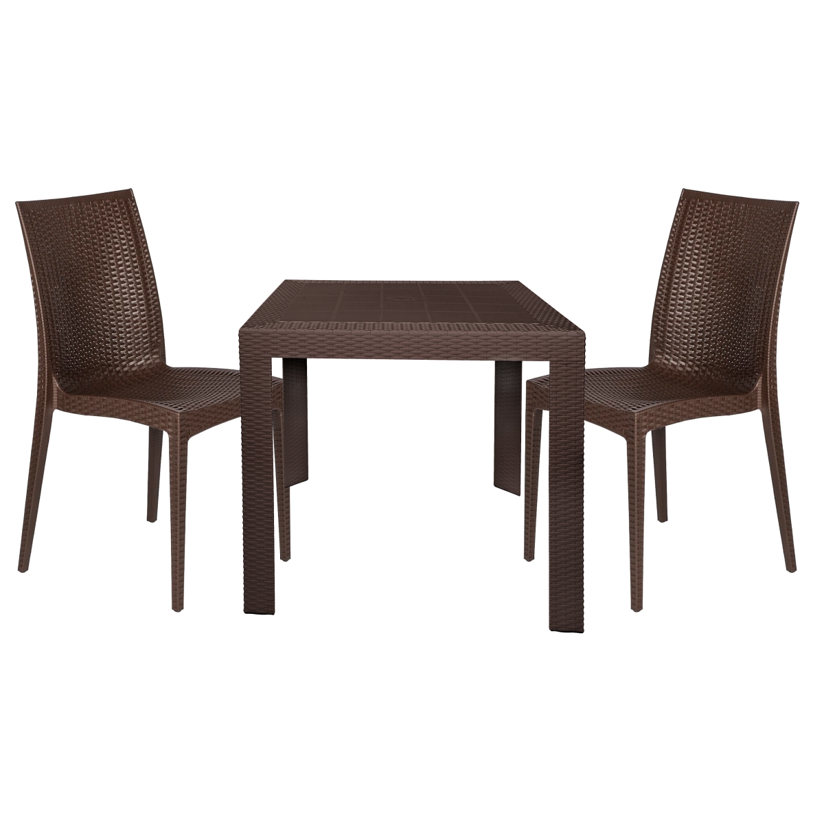 Patio Trasero 28 x 31 x 31 in. Mace 3 Piece Outdoor Dining Set with Plastic Square Table & 2 Stackable Chair with Weave Design&#44; Brown