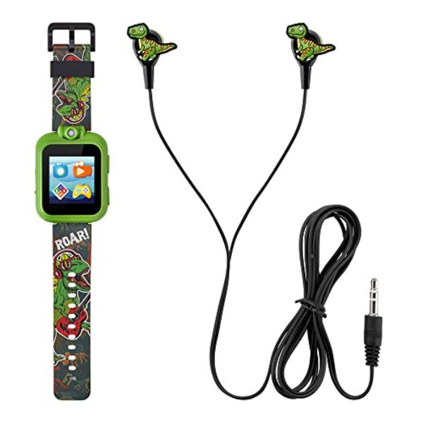KOLE IMPORTS 1.44 in. 42mm Playzoom Kids Dinosaur Rockstar Silicone Strap Touchscreen Smart Watch with Earbuds Gift Set&#44; Green