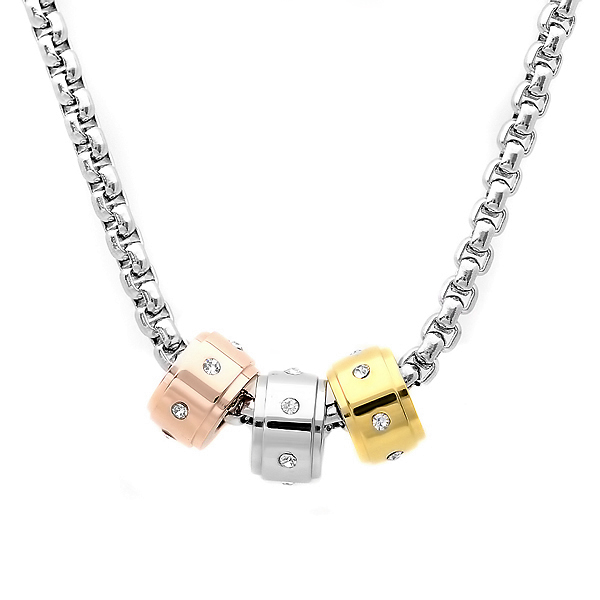 Jewelry Ladies Stainless Steel Necklace with Tri-color Charms and Simulated Diamonds