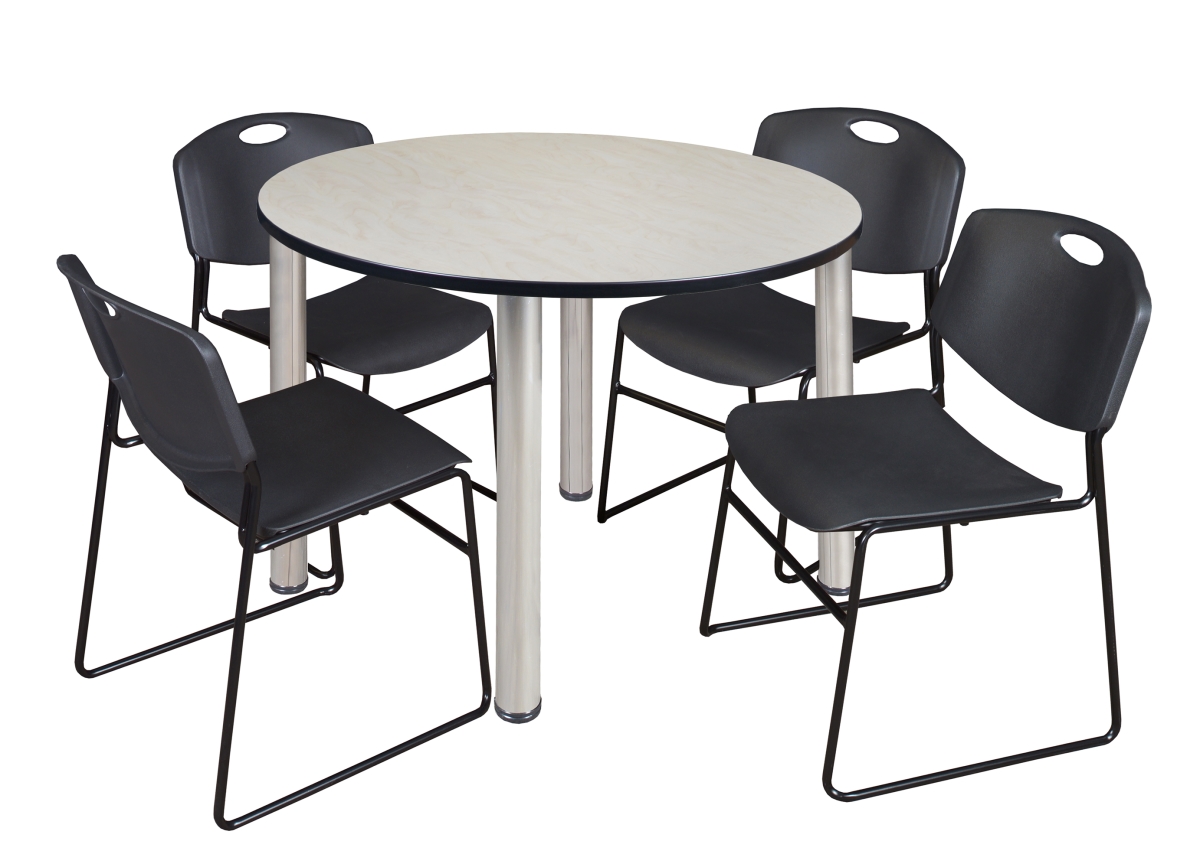 GSI Homestyles 48 in. Kee Round Breakroom Table & 4 Zeng Stack Chairs&#44; Maple&#44; Chrome & Black