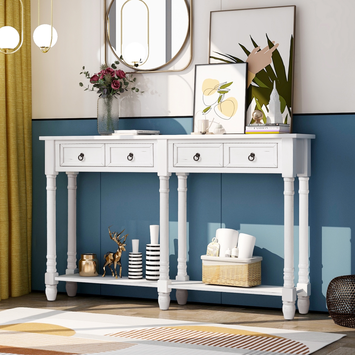 KD Cama de bebe Colin Console Table Sofa Table with Drawers &amp;#44; Antique White