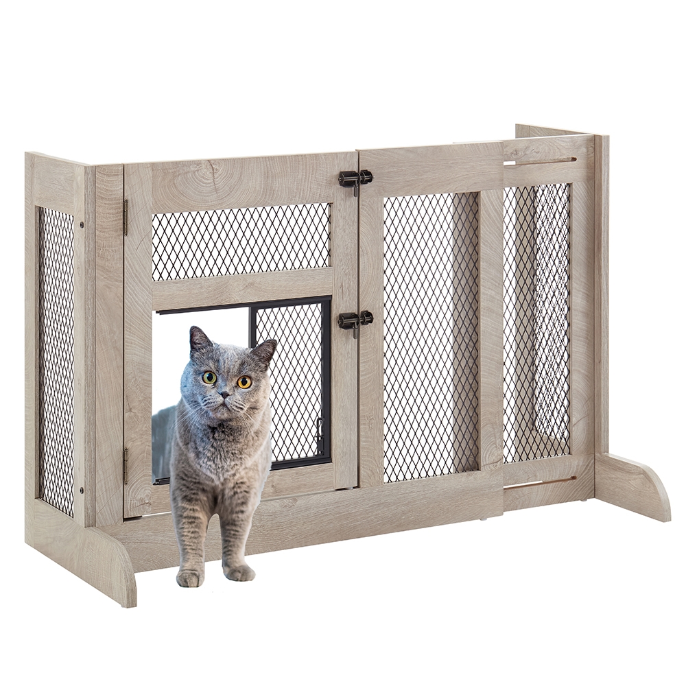 UniPaws UH5198 Unipaws Free Standing Dog Gate with Cat Door&#44; Walk Through Mesh Pet Gate&#44; 33.3&'-41.6&' Adjustable Wooden