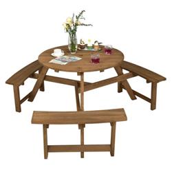 Total Tactic NP10434TN 6-Person Round Wooden Picnic Table with Umbrella Hole & 3 Built-in Benches&#44; Dark Brown