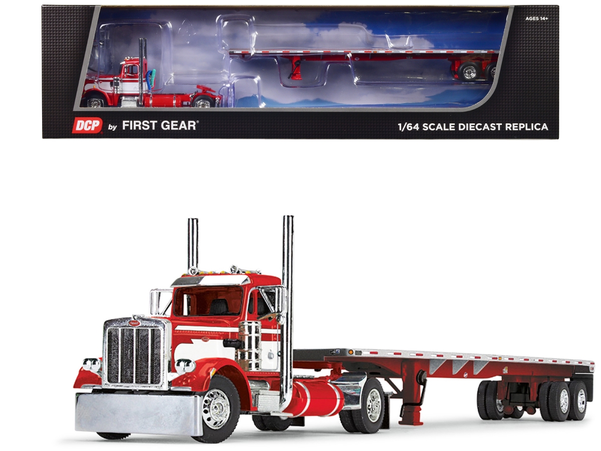 First Gear 60-1682 Peterbilt 359 & 48 Utility Flatbed Trailer 1-64 Scale Diecast Model Day Cab&#44; Red & White