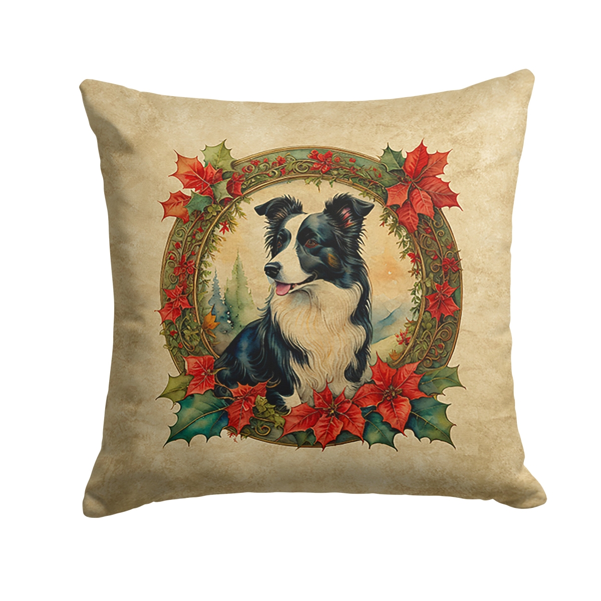 Caroline's Treasures DAC2324PW1414 14 x 14 in. Unisex Border Collie Christmas Flowers Polyester Fabric Throw Pillow
