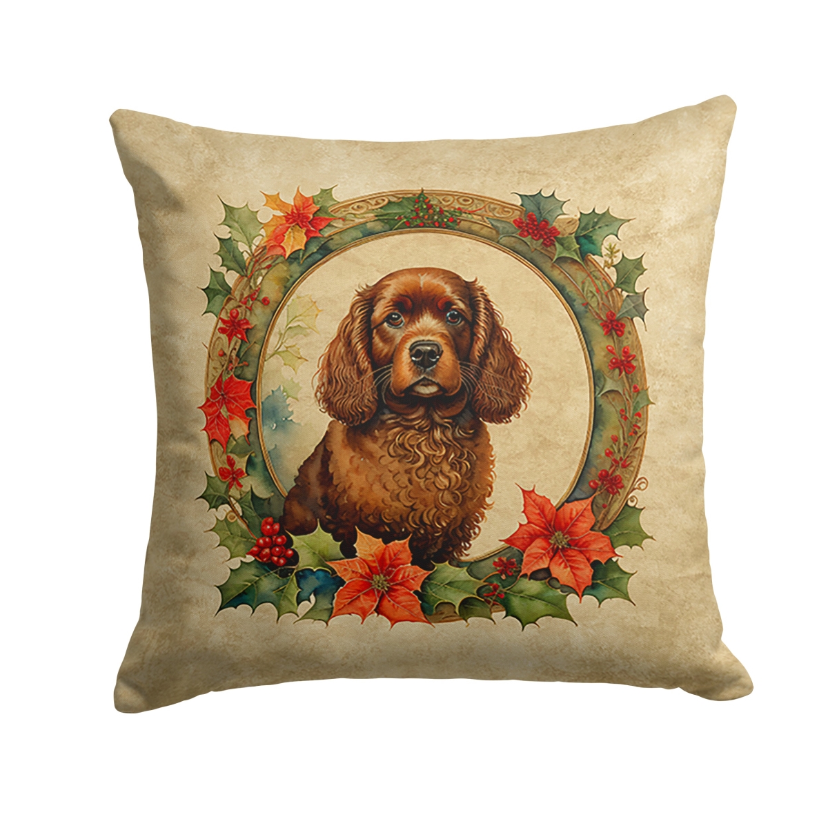 Caroline's Treasures DAC2304PW1414 14 x 14 in. Unisex American Water Spaniel Christmas Flowers Polyester Fabric Throw Pillow