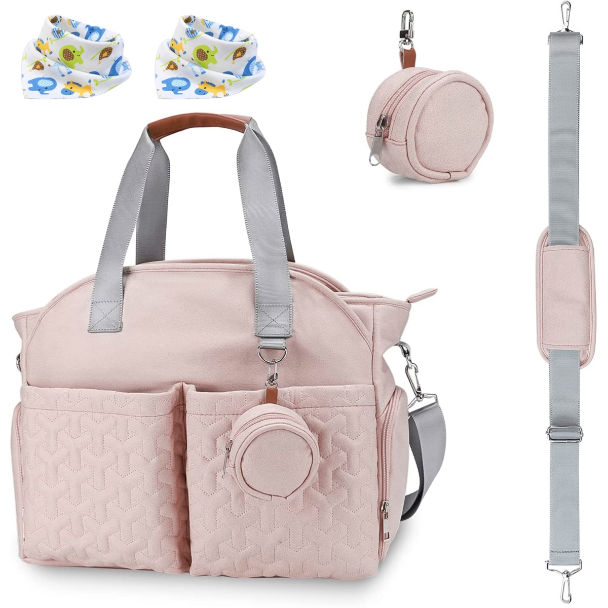 Fresh Fab Finds FFF-Pink-GPCT4165 Breast Pump Bag Diaper Tote Bag with Detachable Shoulder Strap Side Pocket Free Baby Bibs Compatible with Spec