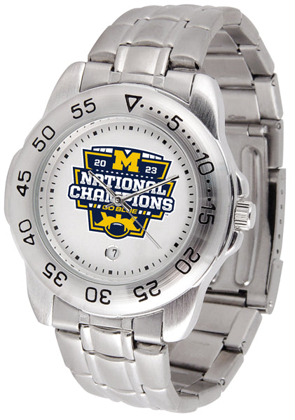 MP Direct ST-CO3-MI1-SPORTM Michigan Wolverines 2023 National Champions Mens Sport Steel Watch&#44; Silver