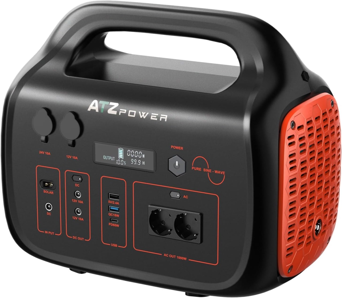 ATZ SK9V ATZ Portable Power Station 1075WH/1000W LiFePo4 Battery with PD60W USB Camping