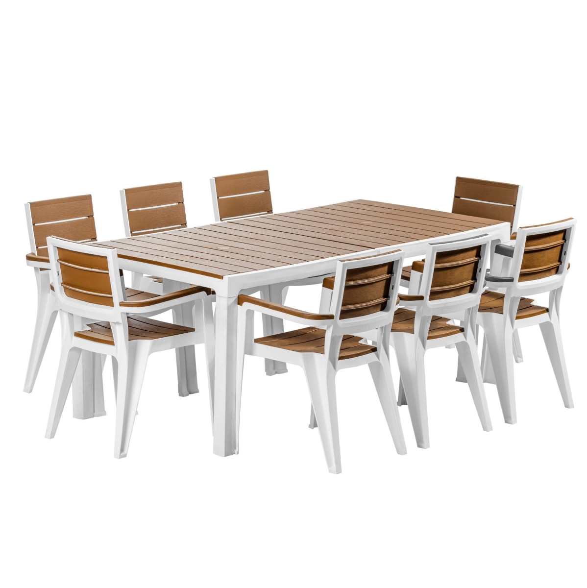 MQ508-WHTWD The Inval Madeira 8 Seat Dining Table & Chair Set&#44; White & Teak Brown