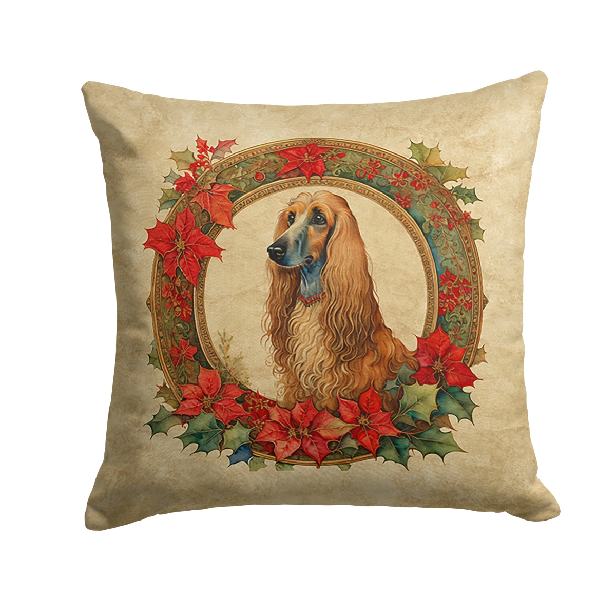 Caroline's Treasures DAC2295PW1818 18 x 18 in. Unisex Afghan Hound Christmas Flowers Polyester Fabric Throw Pillow