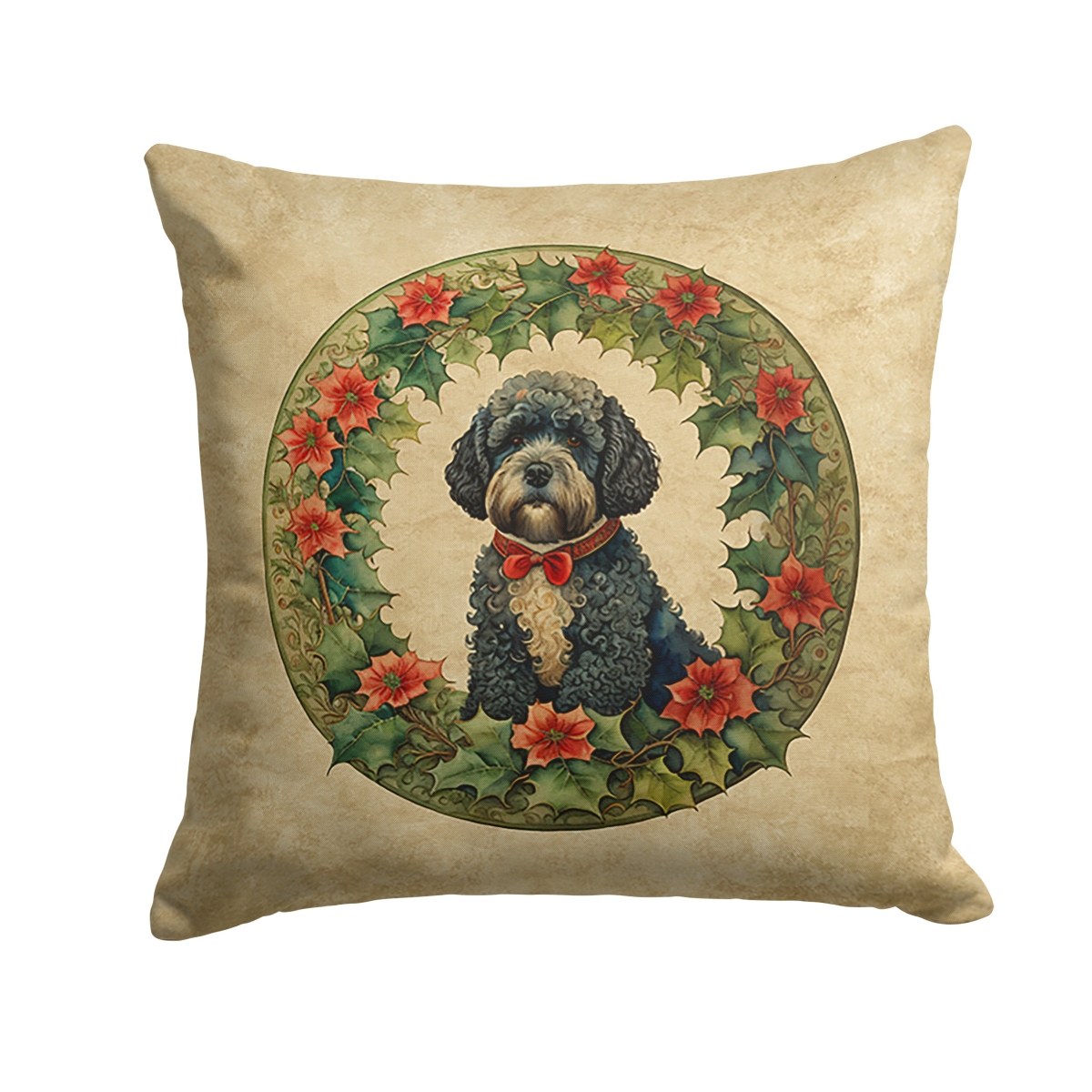 Caroline's Treasures DAC2412PW1818 18 x 18 in. Unisex Portuguese Water Dog Christmas Flowers Polyester Fabric Throw Pillow