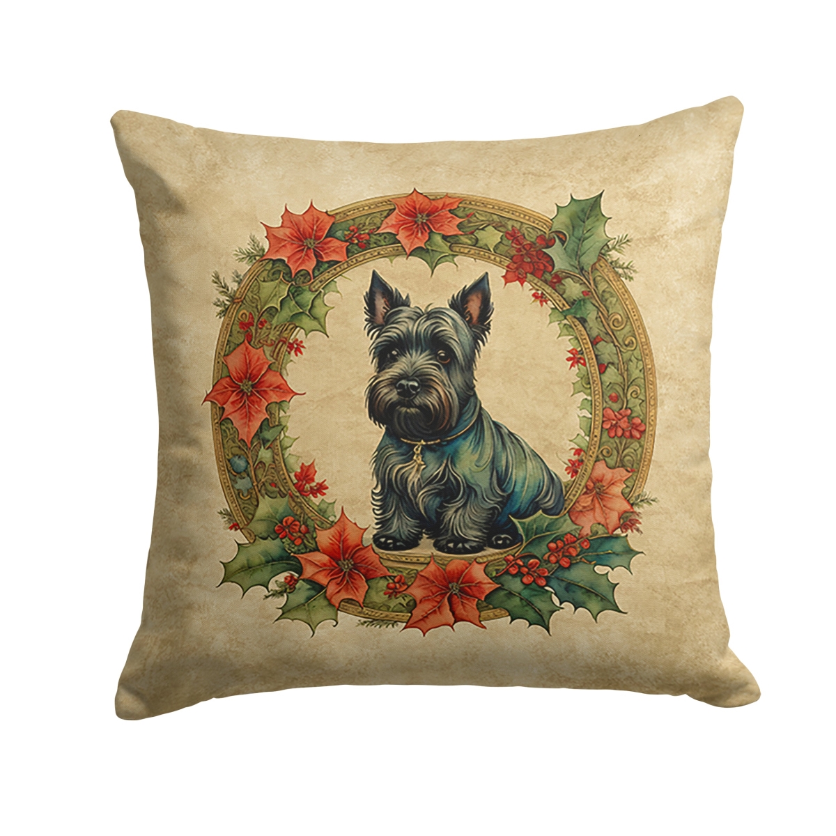 Caroline's Treasures DAC2425PW1414 14 x 14 in. Unisex Scottish Terrier Christmas Flowers Polyester Fabric Throw Pillow